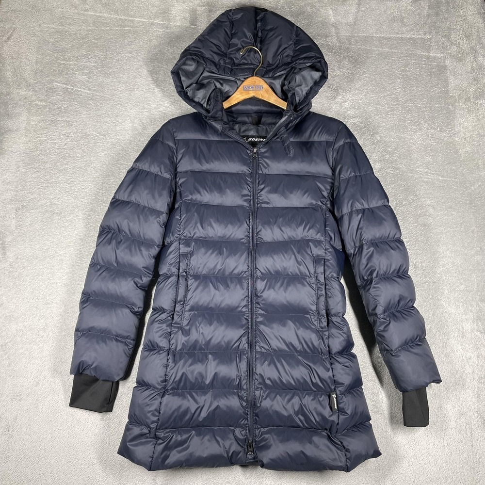 Boeing Coat Womens‎ L Blue Puffer Hooded Insulated Lined 550 Fill Duck Down